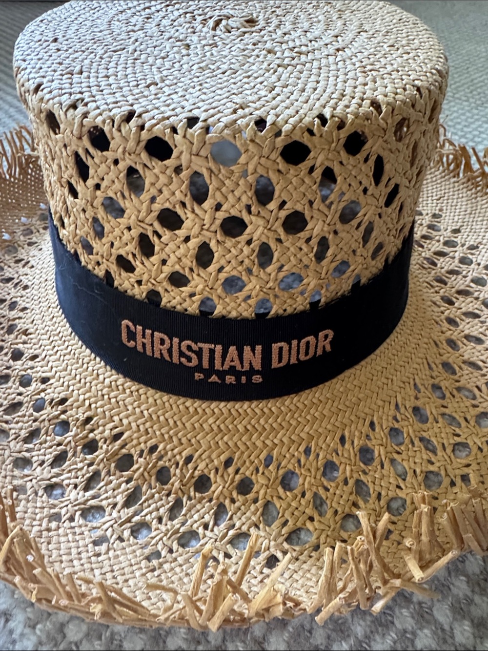 Christian Dior D-Bobby Large Brim Straw Hat with a black embroidered band. - Picture 2 of 5